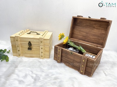 Rương gỗ viền nẹp đinh tán giả cổ 35cm (tặng ổ khoá) RUONG-GO-01